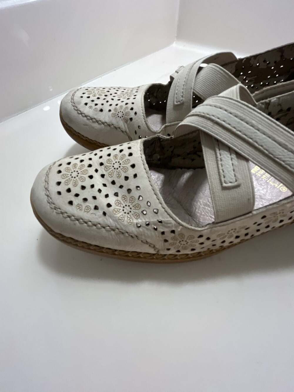 Rieker Women's White Cutout Floral Laser Cut Mary Jane Casual Shoes